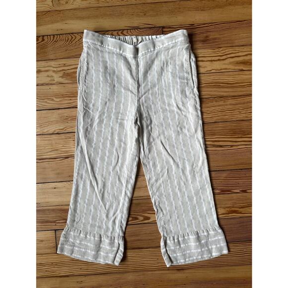 Loft Women Tan White Stripe Pocket Elastic Waist Cropped Linen Petite Med Pants - Picture 1 of 7